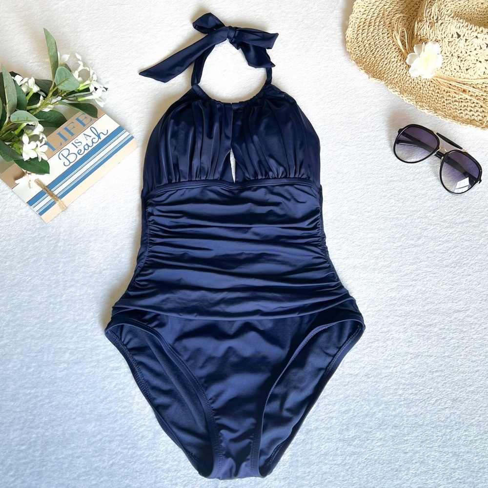Kenneth Cole New York Women’s Navy Blue Halter One-Piece Swimsuit Sz Small